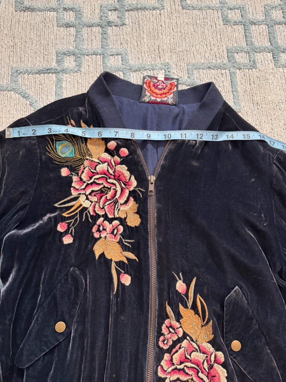 Johnny Was velvet Navy Jacket with Fuchsia & Yellow Embroidered Floral Patch - Picture 5 of 8